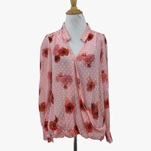 Bobeau Blouse Womens M Medium Blush Pink Floral Smocked Cuffs Swiss Dot Sheer